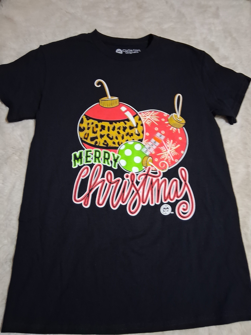 Girls' Black 'Merry Christmas' Graphic Tee with Ornament Print